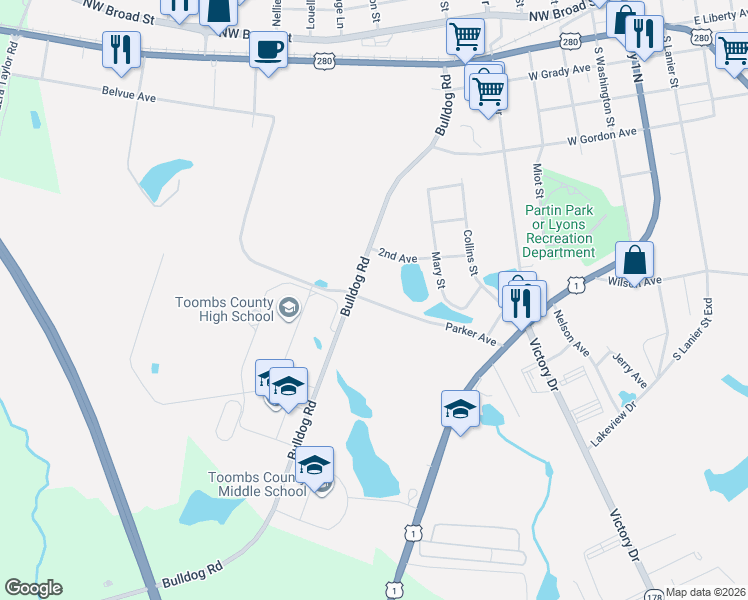 map of restaurants, bars, coffee shops, grocery stores, and more near 399 Bulldog Road in Lyons