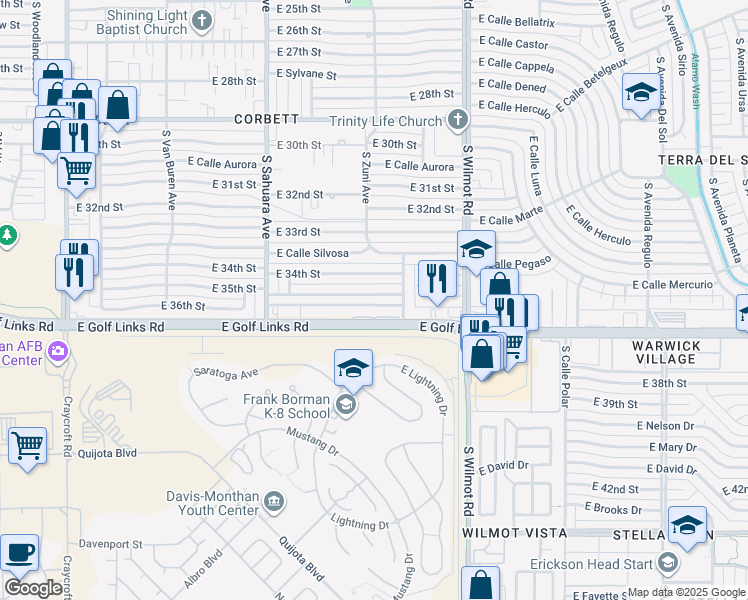 map of restaurants, bars, coffee shops, grocery stores, and more near 6102 East 35th Street in Tucson