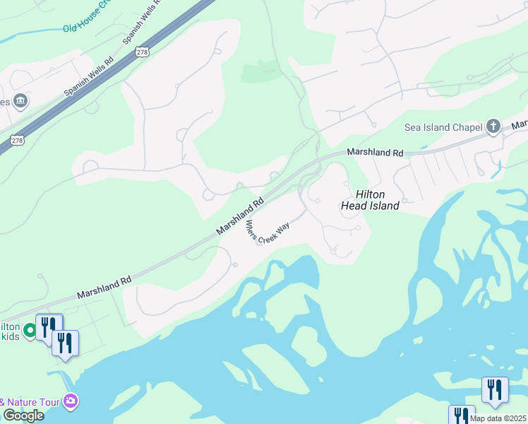 map of restaurants, bars, coffee shops, grocery stores, and more near 15 Wilers Creek Way in Hilton Head Island