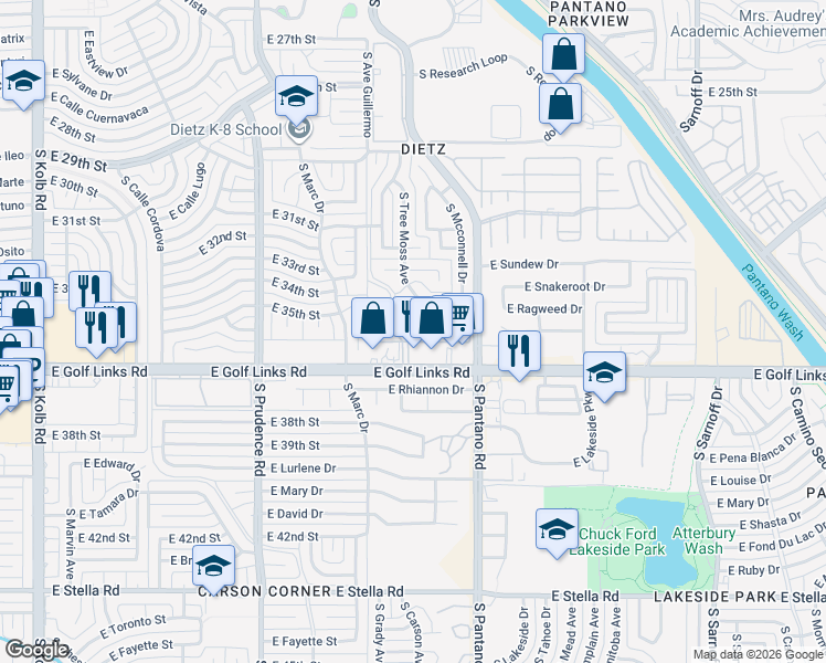 map of restaurants, bars, coffee shops, grocery stores, and more near 7835 East Roget Drive in Tucson