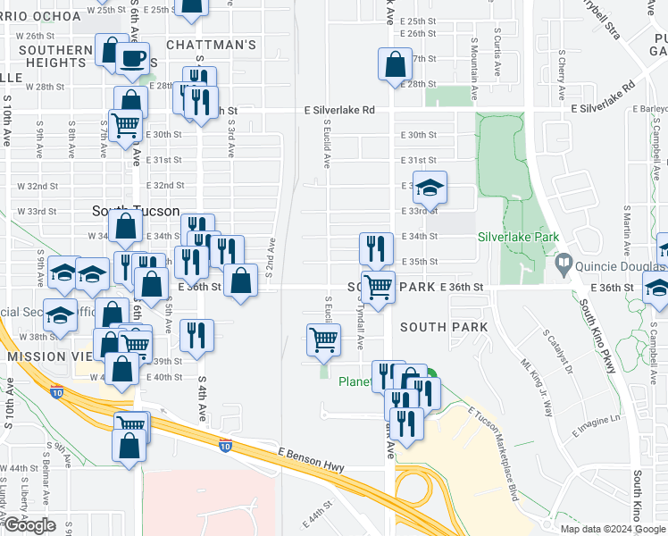 map of restaurants, bars, coffee shops, grocery stores, and more near 738 East 35th Street in Tucson