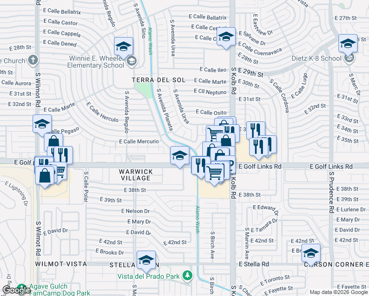 map of restaurants, bars, coffee shops, grocery stores, and more near 6931 East Golf Links Circle in Tucson