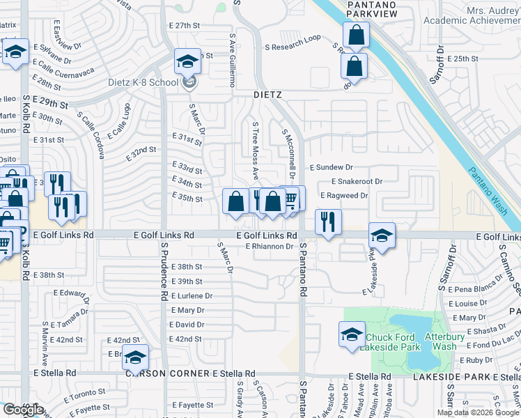 map of restaurants, bars, coffee shops, grocery stores, and more near 7835 East Roget Drive in Tucson