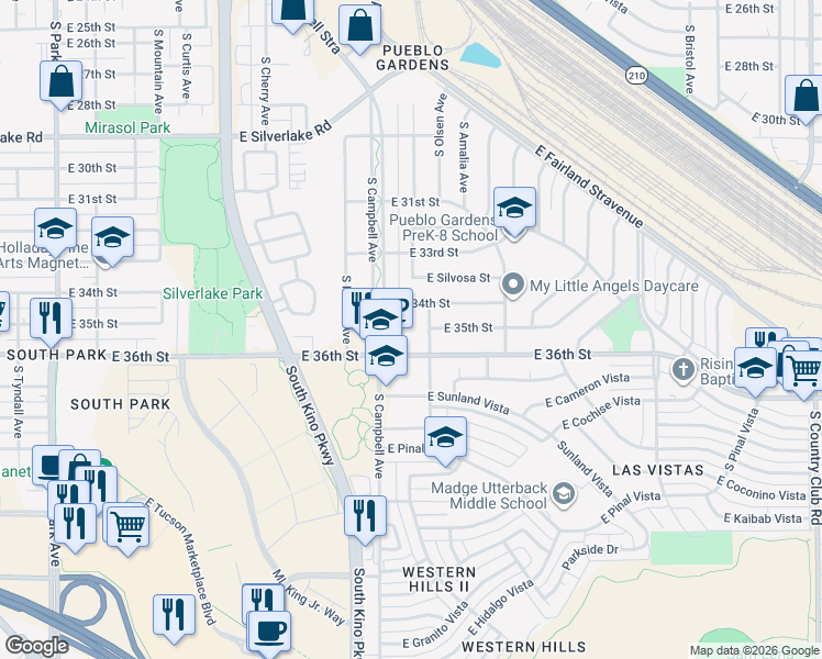 map of restaurants, bars, coffee shops, grocery stores, and more near 1915 East 36th Street in Tucson