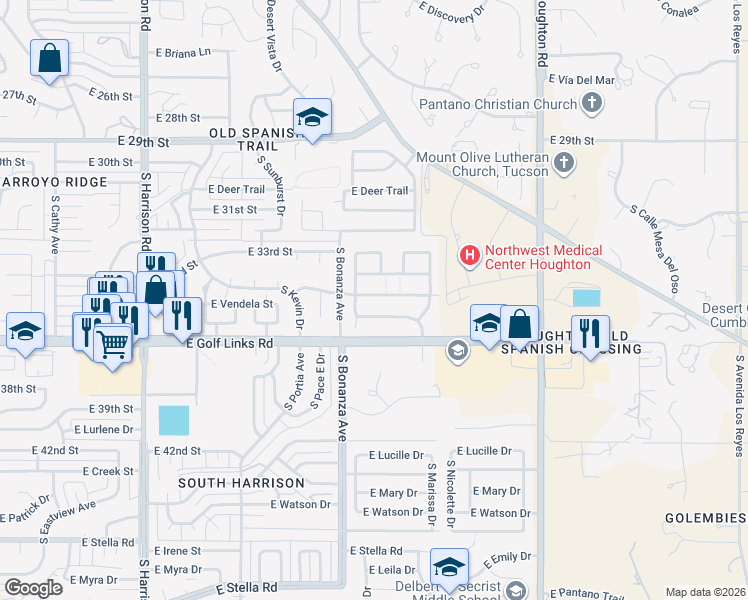 map of restaurants, bars, coffee shops, grocery stores, and more near 9972 East Emberwood Drive in Tucson
