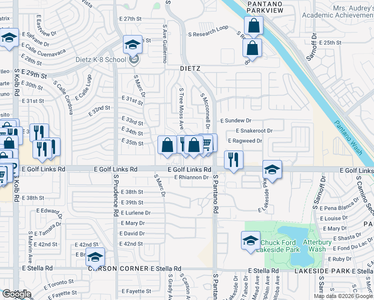 map of restaurants, bars, coffee shops, grocery stores, and more near 7835 East Roget Drive in Tucson