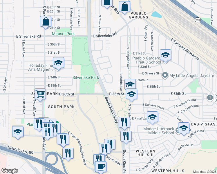 map of restaurants, bars, coffee shops, grocery stores, and more near 1763 East Saint Jonas Place in Tucson