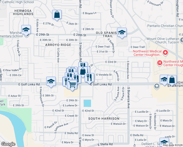 map of restaurants, bars, coffee shops, grocery stores, and more near 9624 East Vendela Street in Tucson