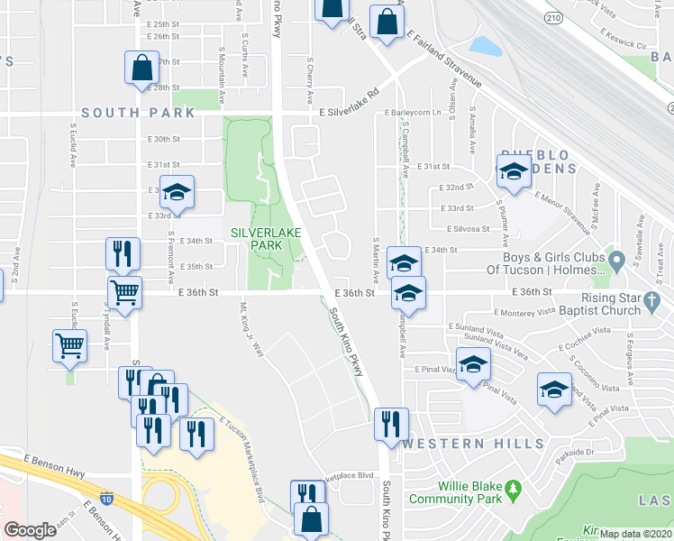 map of restaurants, bars, coffee shops, grocery stores, and more near 1763 East Saint Jonas Place in Tucson
