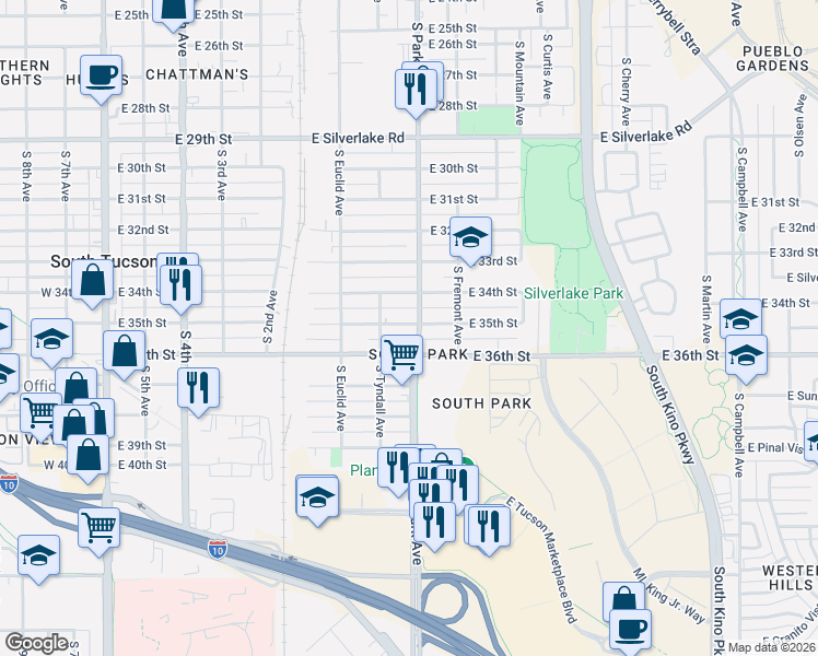 map of restaurants, bars, coffee shops, grocery stores, and more near 2512 S Park Ave in Tucson