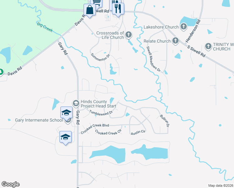 map of restaurants, bars, coffee shops, grocery stores, and more near 7286 Tumbleweed Drive in Byram