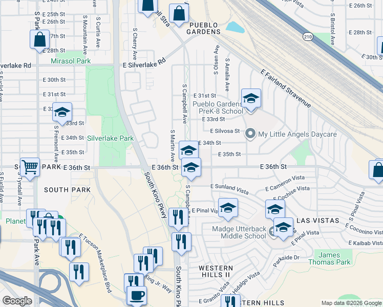 map of restaurants, bars, coffee shops, grocery stores, and more near 1909 East 36th Street in Tucson