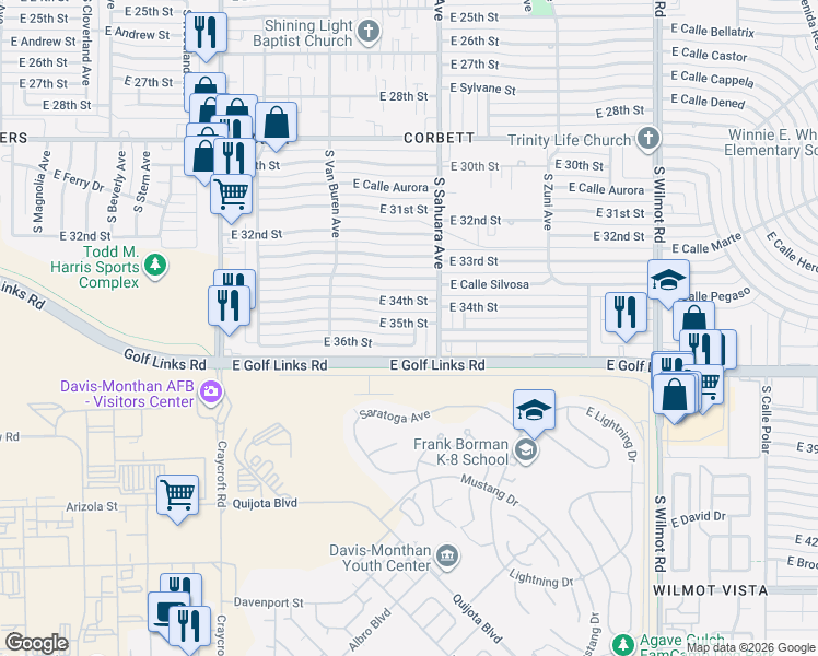 map of restaurants, bars, coffee shops, grocery stores, and more near 5819 East 36th Street in Tucson