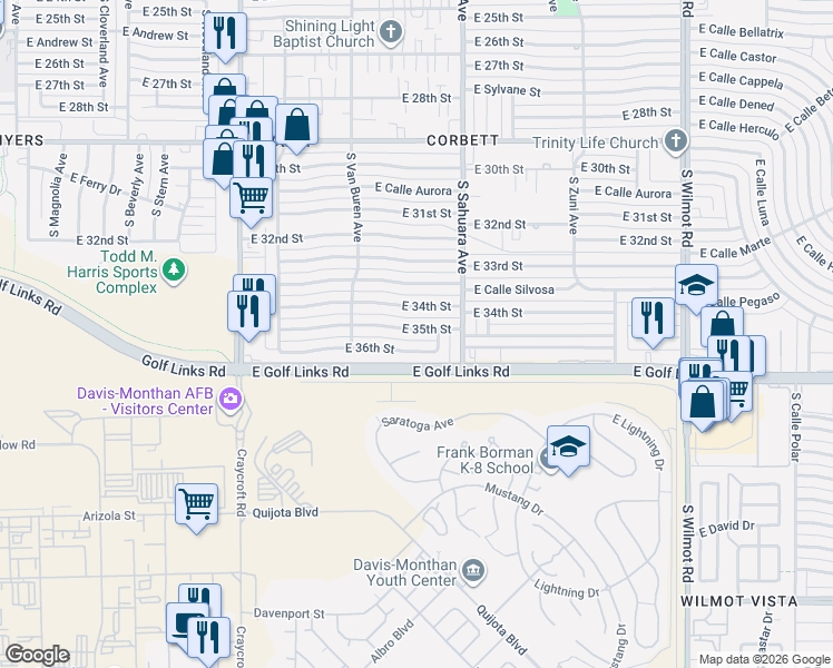 map of restaurants, bars, coffee shops, grocery stores, and more near 5819 East 36th Street in Tucson