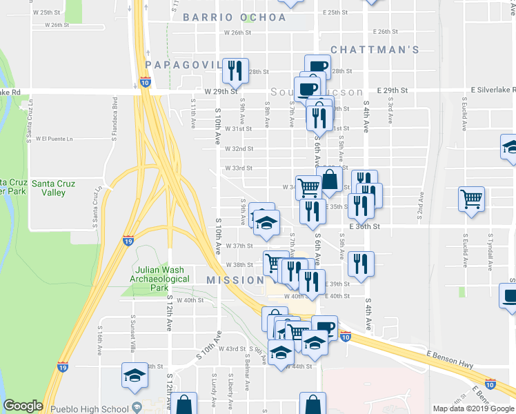 map of restaurants, bars, coffee shops, grocery stores, and more near West 35th Street in Tucson