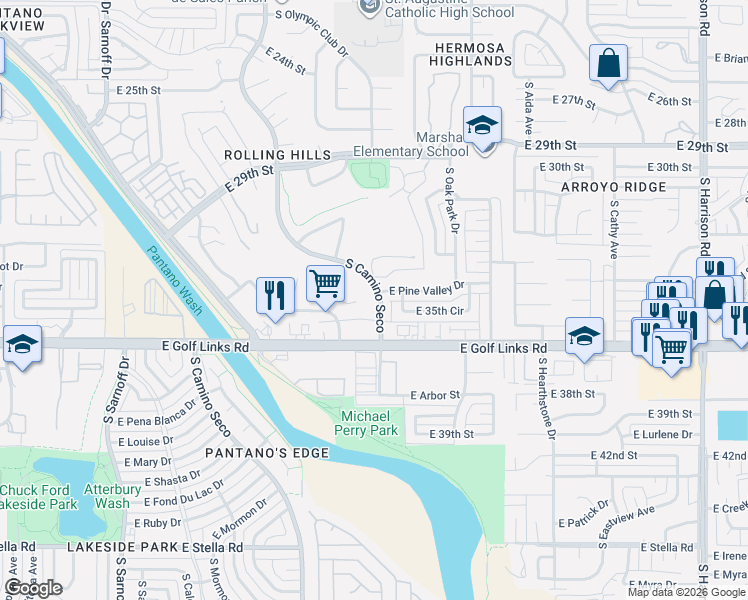 map of restaurants, bars, coffee shops, grocery stores, and more near 2420 South Camino Seco in Tucson