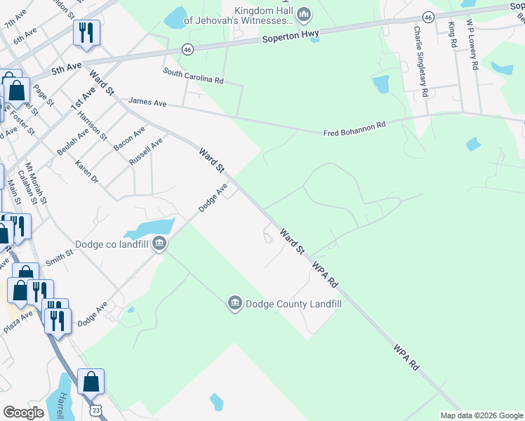 map of restaurants, bars, coffee shops, grocery stores, and more near Ward Street in Eastman