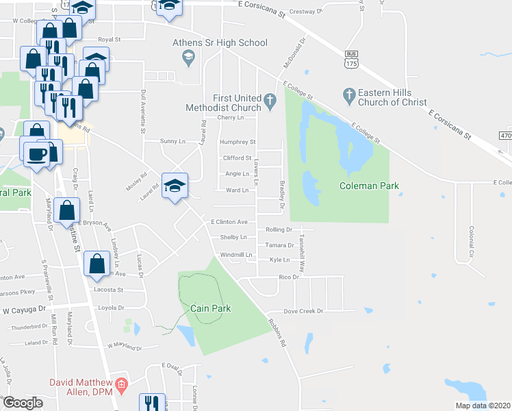 map of restaurants, bars, coffee shops, grocery stores, and more near 899 Bradley Drive in Athens