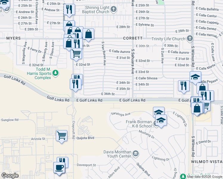 map of restaurants, bars, coffee shops, grocery stores, and more near 5733 East 36th Street in Tucson