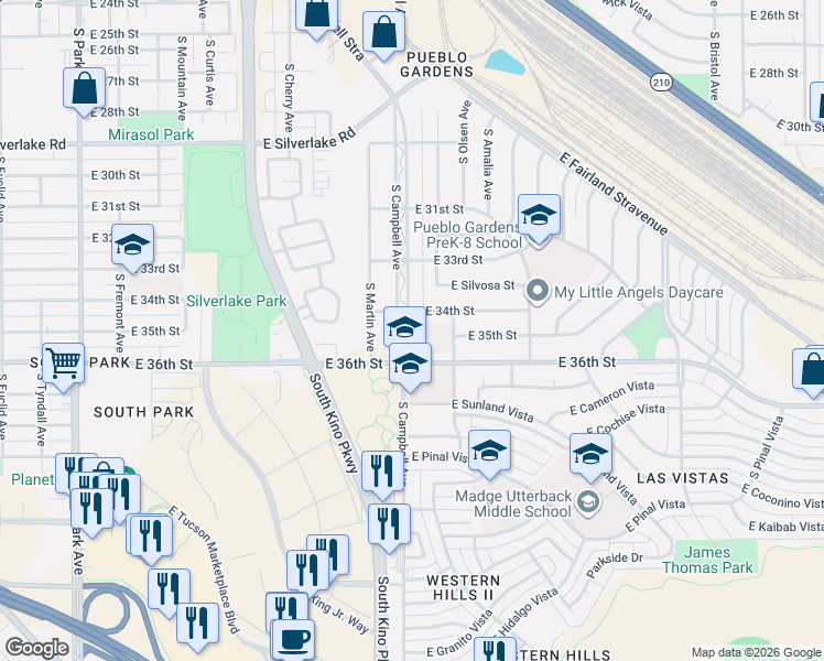 map of restaurants, bars, coffee shops, grocery stores, and more near 1909 East 36th Street in Tucson