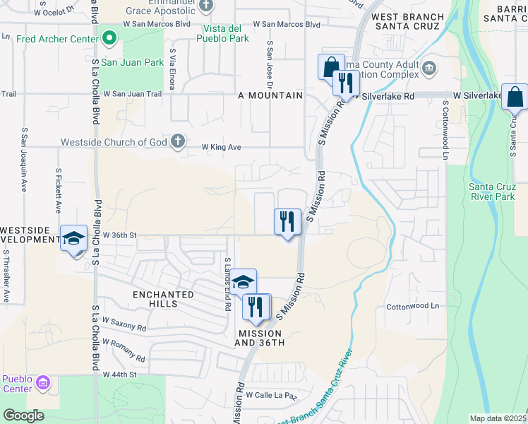 map of restaurants, bars, coffee shops, grocery stores, and more near 1702 West 36th Street in Tucson