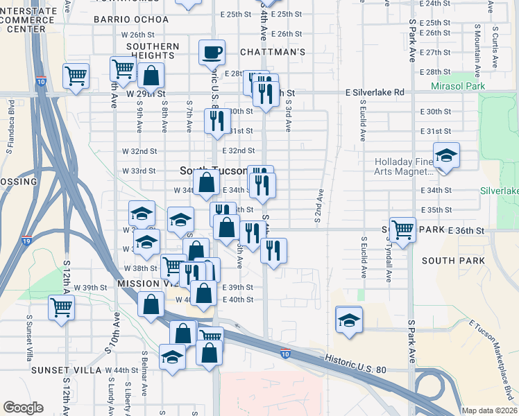 map of restaurants, bars, coffee shops, grocery stores, and more near 2500 S 4th Ave in Tucson
