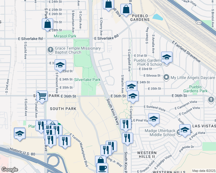 map of restaurants, bars, coffee shops, grocery stores, and more near in Tucson