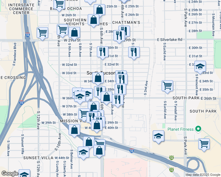 map of restaurants, bars, coffee shops, grocery stores, and more near 200 East 35th Street in Tucson