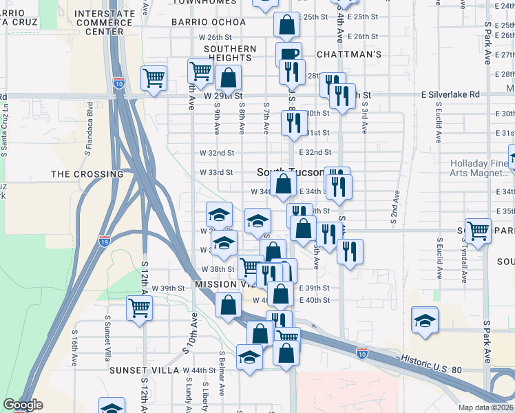map of restaurants, bars, coffee shops, grocery stores, and more near 120 West 35th Street in Tucson