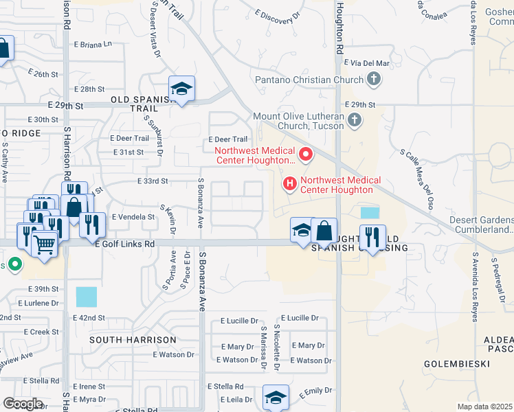 map of restaurants, bars, coffee shops, grocery stores, and more near 10065 East Emberwood Drive in Tucson