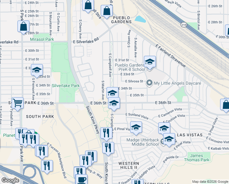 map of restaurants, bars, coffee shops, grocery stores, and more near 1909 East 36th Street in Tucson