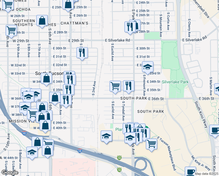 map of restaurants, bars, coffee shops, grocery stores, and more near 738 East 35th Street in Tucson