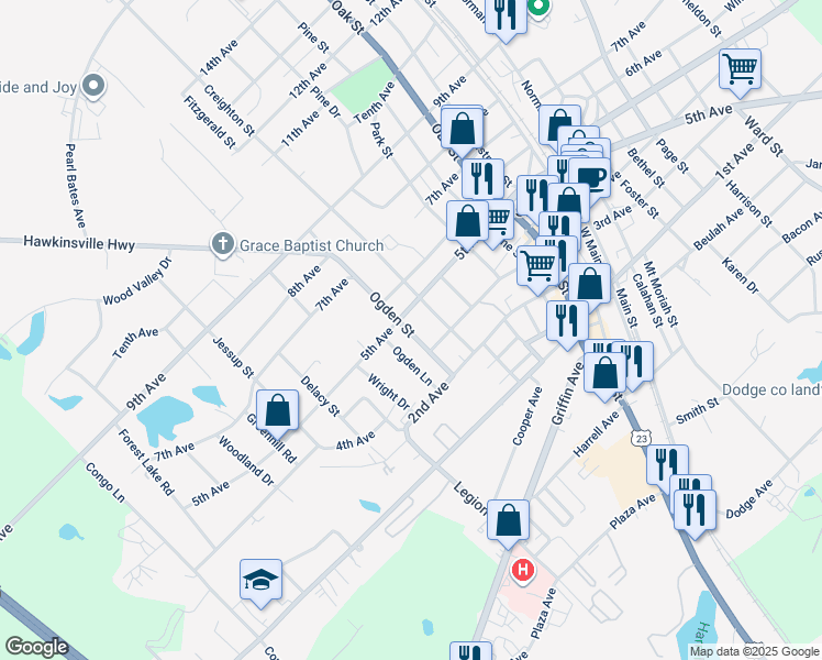 map of restaurants, bars, coffee shops, grocery stores, and more near 135 Ogden Lane in Eastman