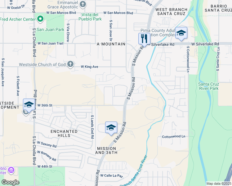 map of restaurants, bars, coffee shops, grocery stores, and more near 2410 South Mission Road in Tucson