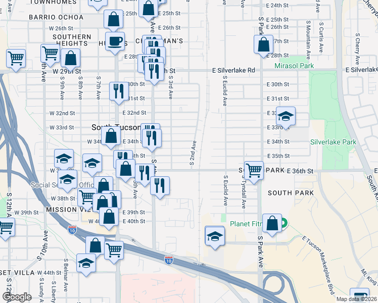 map of restaurants, bars, coffee shops, grocery stores, and more near 438 East 34th Street in Tucson