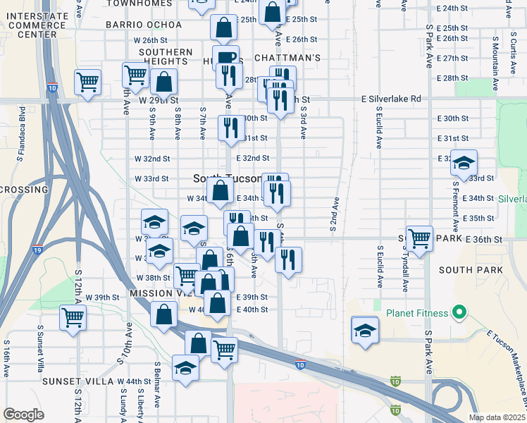 map of restaurants, bars, coffee shops, grocery stores, and more near 144 East 34th Street in Tucson