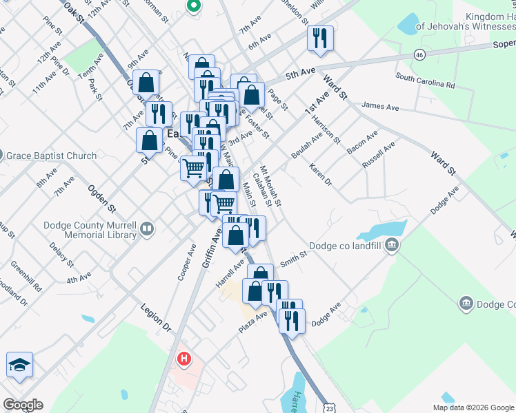 map of restaurants, bars, coffee shops, grocery stores, and more near 525 Main Street in Eastman