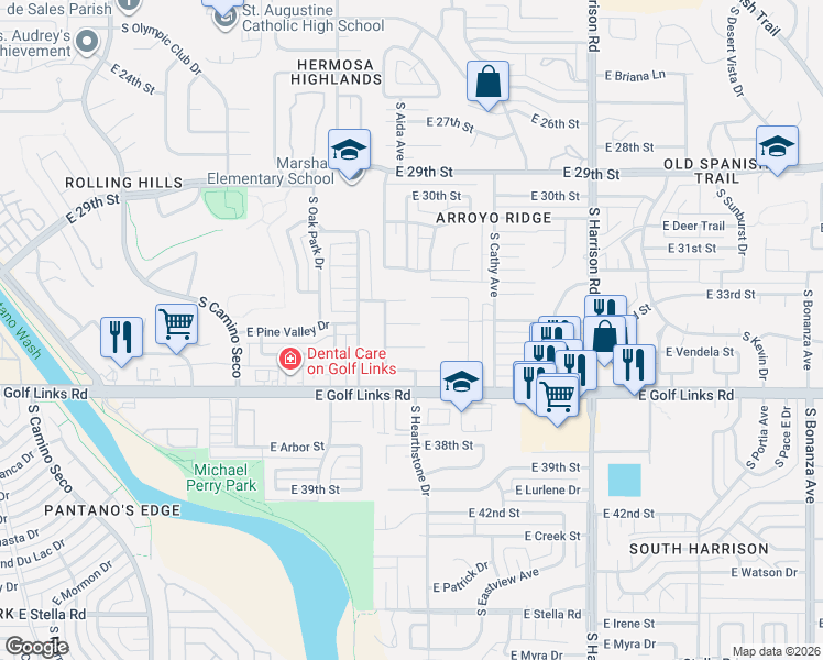map of restaurants, bars, coffee shops, grocery stores, and more near 9134 East 33rd Place in Tucson