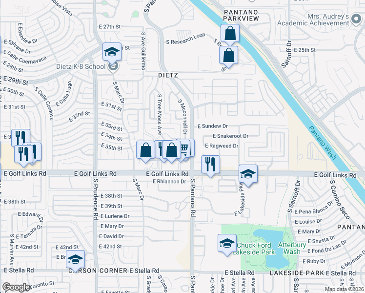 map of restaurants, bars, coffee shops, grocery stores, and more near 7870 East 34th Street in Tucson