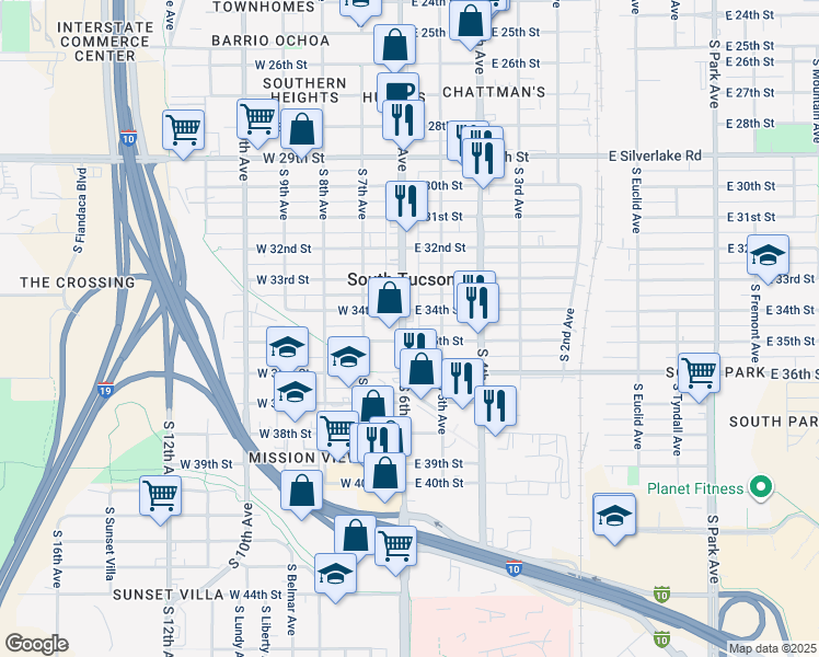 map of restaurants, bars, coffee shops, grocery stores, and more near in South Tucson