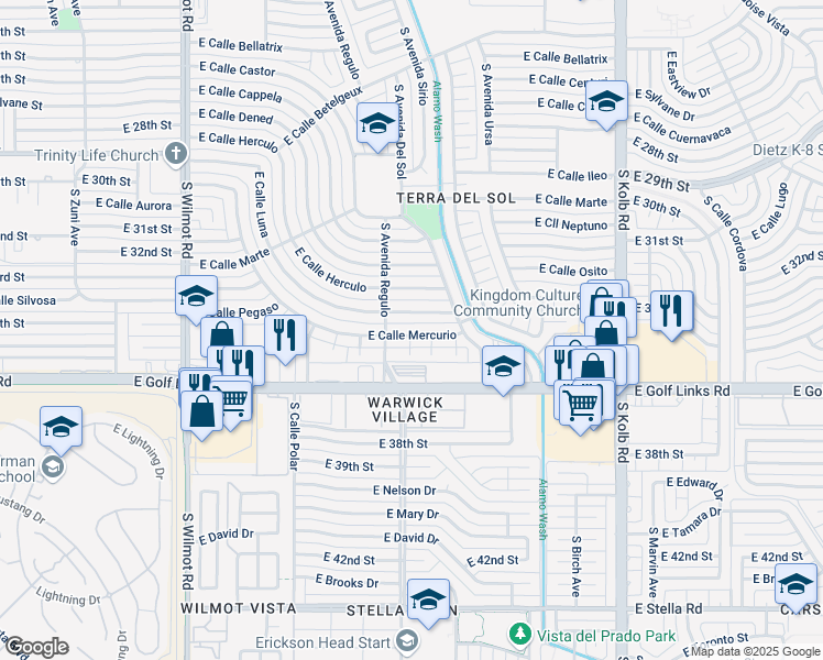 map of restaurants, bars, coffee shops, grocery stores, and more near 6725 East Calle Mercurio in Tucson