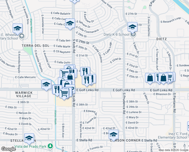 map of restaurants, bars, coffee shops, grocery stores, and more near 2308 South Calle Zamora in Tucson