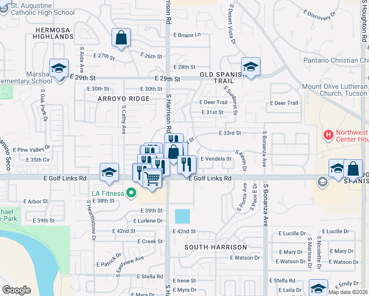 map of restaurants, bars, coffee shops, grocery stores, and more near 9531 East 33rd Street in Tucson