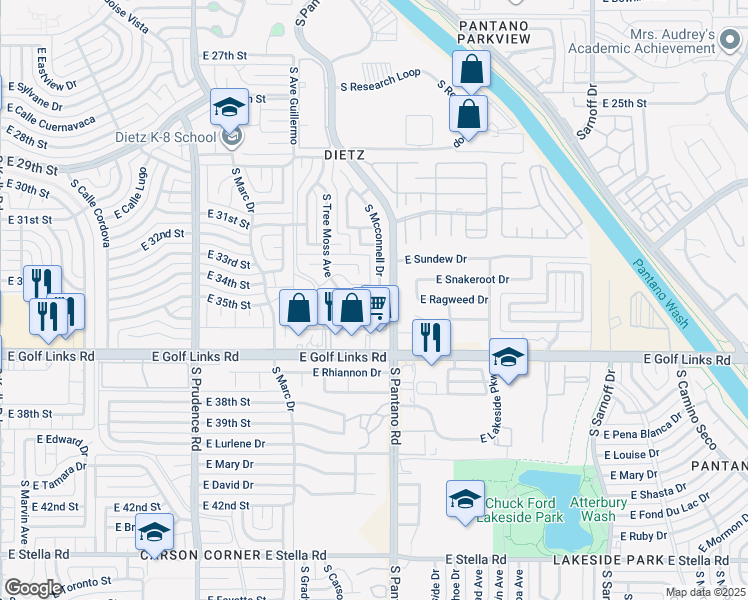 map of restaurants, bars, coffee shops, grocery stores, and more near 2344 South Mcconnell Drive in Tucson