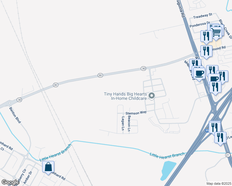 map of restaurants, bars, coffee shops, grocery stores, and more near 33 Gimbal Circle in Port Wentworth