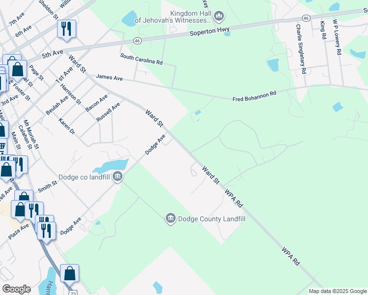 map of restaurants, bars, coffee shops, grocery stores, and more near 99 McQueen Drive in Eastman