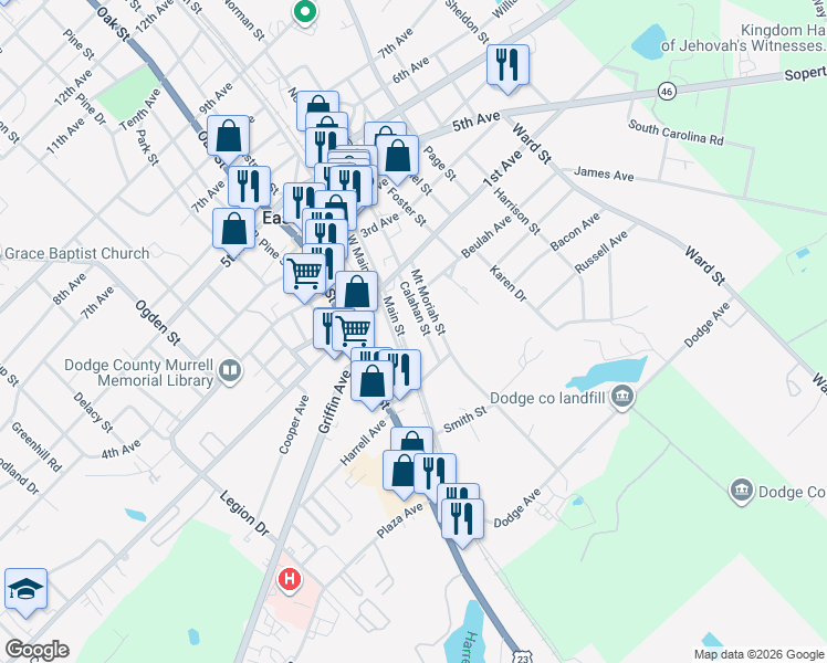 map of restaurants, bars, coffee shops, grocery stores, and more near 525 Main Street in Eastman