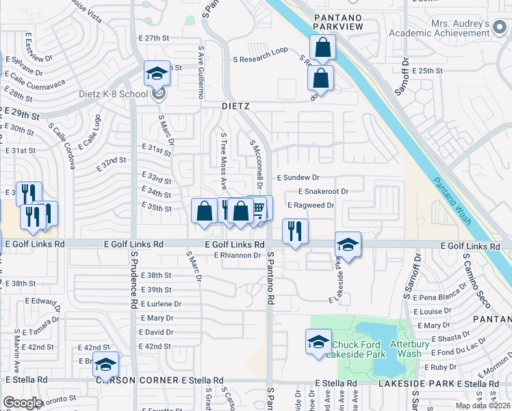 map of restaurants, bars, coffee shops, grocery stores, and more near 2344 South Mcconnell Drive in Tucson