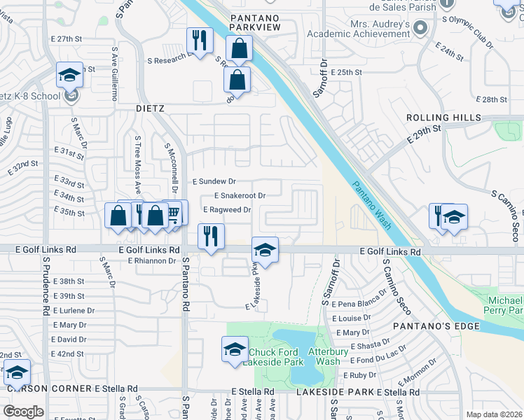 map of restaurants, bars, coffee shops, grocery stores, and more near 8152 East Snakeroot Drive in Tucson