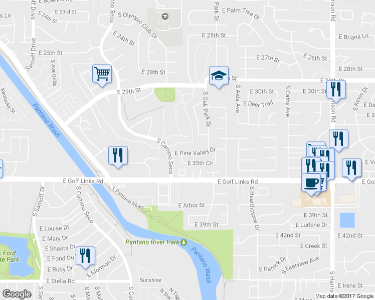 map of restaurants, bars, coffee shops, grocery stores, and more near 8909 East Pine Valley Drive in Tucson